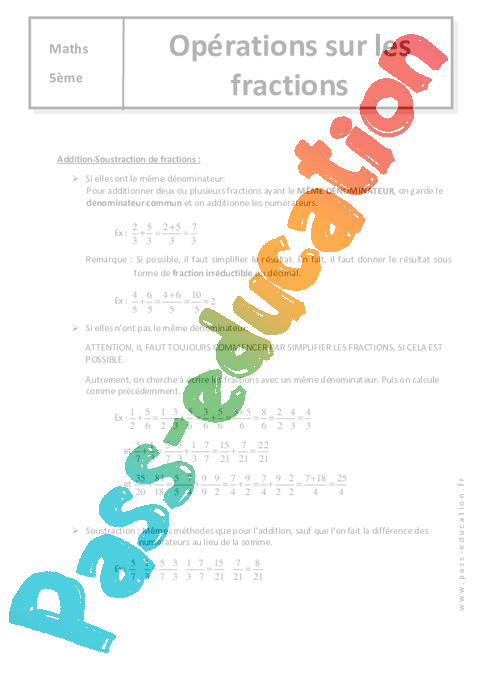 Op rations Sur Les Fractions Cours Secondaire 1 PDF Imprimer