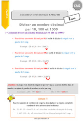 Comment diviser un nombre décimal par 10, 100 ou 1000 - Cours, Leçon : Primaire 5 - PDF à imprimer
