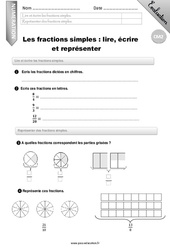 Les fractions simples - Fiches lire, écrire et représenter - Examen Evaluation - Bilan : Primaire 5 - PDF à imprimer