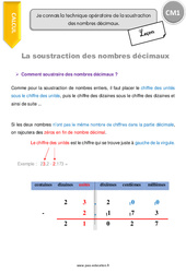 Technique opératoire de la soustraction des nombres décimaux - Cours, Leçon : Primaire 4 - PDF à imprimer