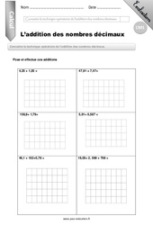 Addition des nombres décimaux - Examen Evaluation - Bilan : Primaire 4 - PDF à imprimer