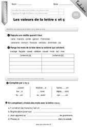 Valeurs de la lettre - c et - ç - Examen Evaluation - Bilan : Primaire 2 - PDF à imprimer