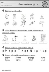 Exercices - Son p - Etude des sons : Primaire 1 - PDF à imprimer