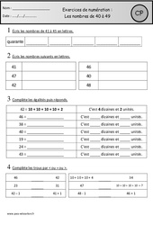 Exercices - Nombres de 40 à 49 : Primaire 1 - PDF à imprimer