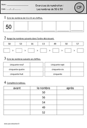 Exercices - Nombres de 50 à 59 : Primaire 1 - PDF à imprimer