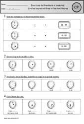 Exercices - Lire les heures entières et demi - heures : Primaire 1 - PDF à imprimer