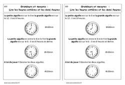 Lire les heures entières et demi - heures - Cours, Leçon : Primaire 1 - PDF à imprimer