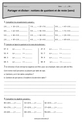 Partager et diviser - Notions de quotient et de reste - Exercices sens de la division : Primaire 4 - PDF à imprimer