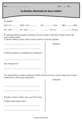 Division décimale de 2 entiers - Exercices avec correction : Primaire 4 - PDF à imprimer