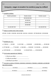 Comparer, ranger et encadrer les nombres jusqu'au milliard - Exercices corrigés : Primaire 4 - PDF à imprimer