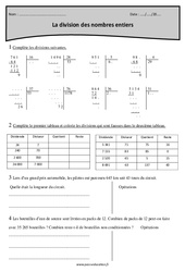Nombres entiers - Division - Exercices- Fiches dividende, diviseur, quotient, reste : Primaire 5 - PDF à imprimer