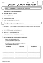 Groupes dans la phrase - Examen Evaluation - Sujet, verbal et facultatif : Primaire 4 - PDF à imprimer