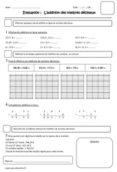 Addition des nombres décimaux - Examen Evaluation : Primaire 4 - PDF à imprimer