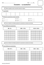Soustraction - Examen Evaluation : Primaire 3 - PDF à imprimer