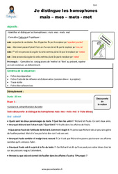 Comment distinguer les homophones mais - mes - mets - met - Séquence - Fiche de préparation : Primaire 4 - PDF à imprimer