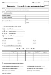 Lire et écrire les nombres décimaux - Examen Evaluation : Primaire 5 - PDF à imprimer