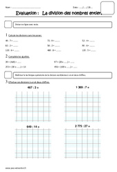 Division des nombres entiers - Examen Evaluation : Primaire 5 - PDF à imprimer