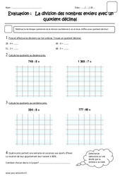Division des nombres entiers avec quotient décimal - Examen Evaluation : Primaire 5 - PDF à imprimer