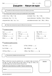 Mesure de masses - Examen Evaluation - Masse g, kg : Primaire 5 - PDF à imprimer