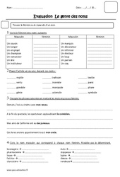 Genre des noms - Examen Evaluation sur le féminin et masculin : Primaire 5 - PDF à imprimer