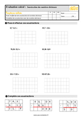 Soustraction des nombres décimaux - Évaluation, bilan : Primaire 4 - PDF à imprimer