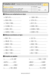 Multiplier et diviser des nombres décimaux par 10 ,100,1 000 - Évaluation, bilan : Primaire 4 - PDF à imprimer