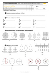 Lire, écrire et représenter les fractions simples - Examen Evaluation avec la correction : Primaire 5 - PDF à imprimer