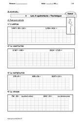 Les 4 opérations - Fiches Technique - Exercices avec le corrigé : Primaire 4 - PDF à imprimer