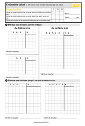 Division d’un nombre décimal par un nombre entier - Évaluation, bilan : Primaire 5 - PDF à imprimer