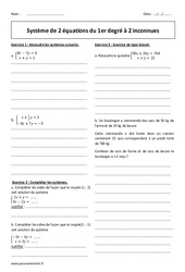 Système de 2 équations du 1er degré à 2 inconnues - Révisions brevet : Secondaire 3 - PDF à imprimer