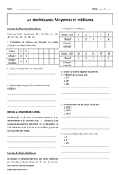 Moyennes et médianes - Exercices sur  les statistiques : Secondaire 3 - PDF à imprimer