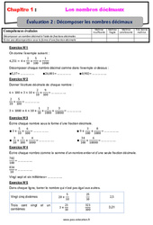 Décomposer les nombres décimaux - Examen Evaluation, bilan, contrôle avec la correction : Primaire 6 - PDF à imprimer