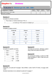 Division par 10, 100, 1000 - Examen Evaluation, bilan, contrôle avec la correction - Divisions : Primaire 6 - PDF à imprimer