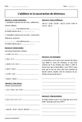Addition et soustraction de décimaux - Exercices corrigés : Primaire 6 - PDF à imprimer