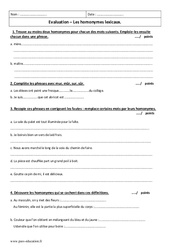 Homonymes lexicaux - Examen Evaluation  : Primaire 6 - PDF à imprimer