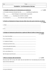 Homonymes lexicaux - Examen Contrôle corrigé : Primaire 6 - PDF à imprimer