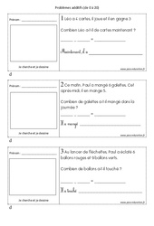 Problèmes additifs  de 0 à 20 - Exercices : Primaire 1 - PDF à imprimer