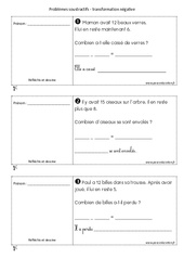 Transformation négative - Problèmes soustractifs - Exercices : Primaire 1 - PDF à imprimer
