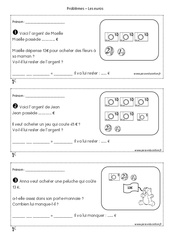 Euros - Problèmes  : Primaire 1 - PDF à imprimer