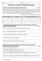 Propositions subordonnées relatives - Examen Contrôle avec le corrigé : Secondaire 1 - PDF à imprimer