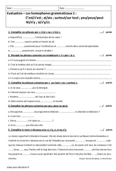Homophones grammaticaux - Examen Evaluation : Secondaire 1 - PDF à imprimer