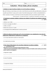 Phrase simple - Phrase complexe - Examen Evaluation : Secondaire 1 - PDF à imprimer