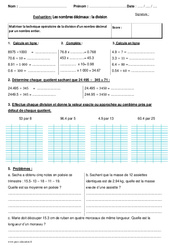Division d'un nombre décimal par un nombre entier - Bilan : Primaire 5 - PDF à imprimer