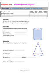 Reconnaitre, décrire un cylindre, un cône, une boule - Géométrie dans l’espace - Examen Evaluation avec la correction : Primaire 6 - PDF à imprimer