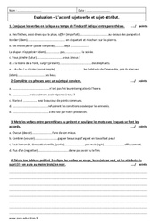 Sujet - attribut - Accord sujet - verbe - Examen Evaluation : Secondaire 1 - PDF à imprimer