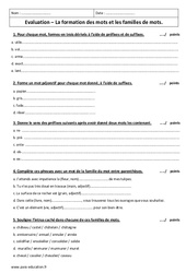 Formation des mots - Famille de mots - Examen Contrôle : Secondaire 1 - PDF à imprimer