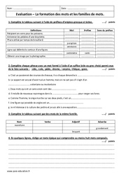 Famille de mots - Formation des mots - Examen Evaluation : Secondaire 1 - PDF à imprimer