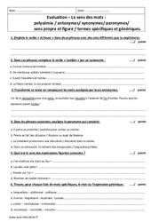 Polysémie, antonymes, synonymes, paronymes... - Examen Evaluation sur le sens des mots : Secondaire 1 - PDF à imprimer