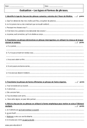 Types et formes de phrases - Examen Contrôle : Secondaire 2 - PDF à imprimer
