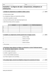 Comparaisons, métaphores et métonymies - Examen Evaluation : Secondaire 2 - PDF à imprimer